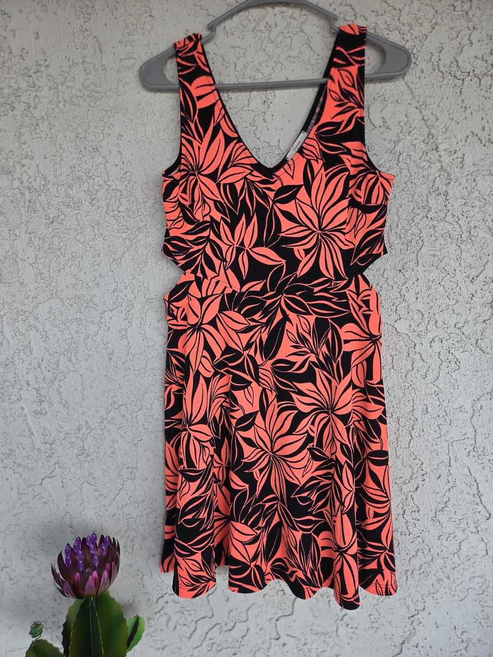 Neon Coral and Black Floral Cutout Midi Dress